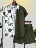 Green White Flower Design Mens Half Sleeves Cords Cotton Material