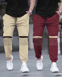 (Pack Of 2) Men Striped Printed Beige & Maroon Trackpants